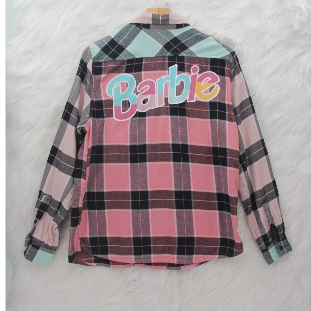 Barbie Pink Plaid Flannel Graphic Button Down Shirt Size M Barbiecore Western
